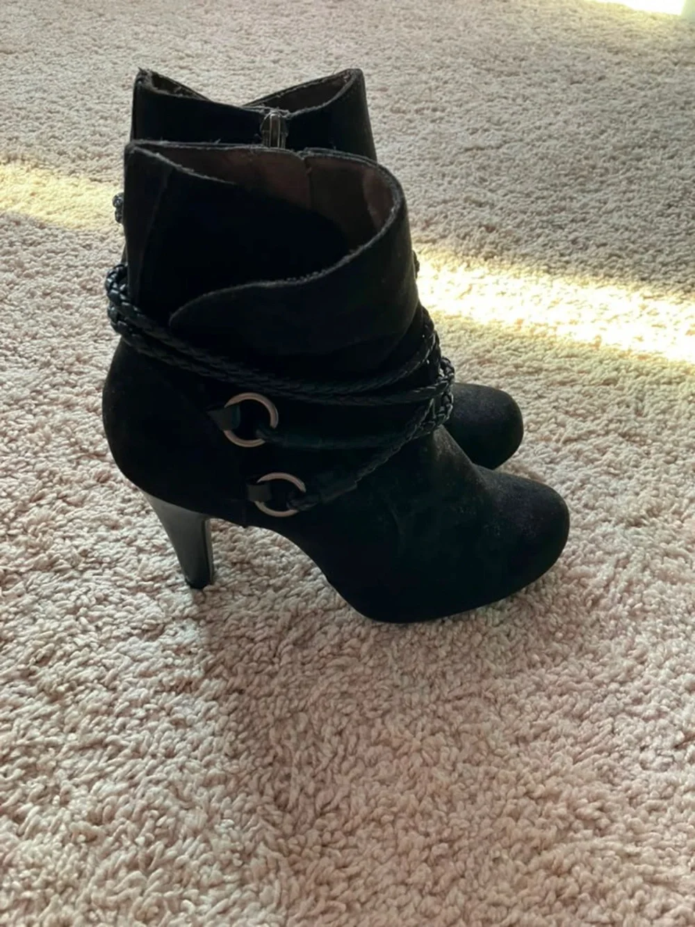 Tamaris Women's Black Suede Leather Ankle Booties with Braided Strap Detail